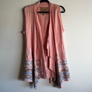 James Bryan linen pink embroidered open front draped vest top size XL
